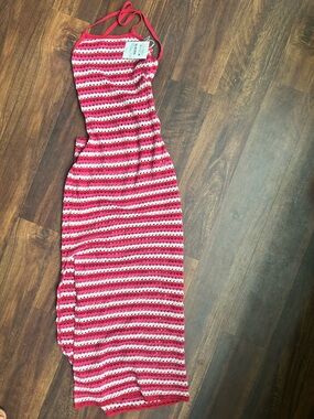 Maaji Pink & White Striped Crochet Halter Dress